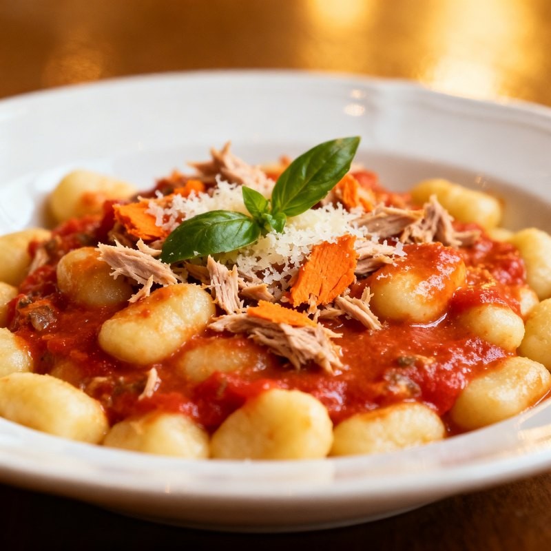 Gnocchi con salsa cremosa de tomate y atún