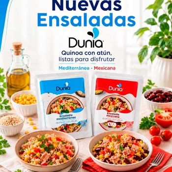 ¡Novedad! Ensaladas Dunia
Quinoa con atún, listas para disfrutar 🐟🥗

Dos sabores irresistibles:
🌿 Mediterránea – fresa y equilibrada.
🌶️ Mexicana – con ese toque picante que te encanta.

Nutrición real, sabor auténtico, sin complicaciones.
¿Con cuál te quedas? 👇

#NuevasDunia #EnsaladasDunia #QuinoaConAtun #ComidaSana #Ensalada #NuevosProductos #Mediterranea #Mexicana #Dunia #SaludableYRico