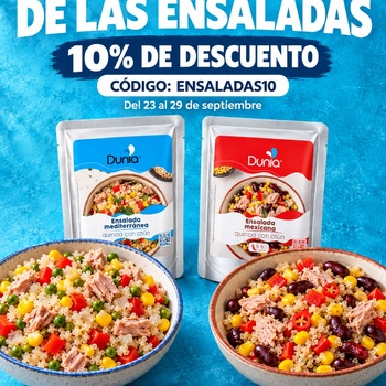 Tu pausa para comer no debería ser otra tarea pendiente. 😉

¡Semana de las Ensaladas Dunia!

Mediterránea o mexicana: quinoa con atún, listas para disfrutar y esta semana con un 10 % de descuento.

🏷️ Usa ENSALADAS10 al hacer tu pedido.

📅 Del 23 al 29 de septiembre.

🛒 Encuentra tu favorita en atunensobre.es

Abrir, disfrutar y seguir con tu día. 💙

#AtúnEnSobre #DuniaFood #SemanaDeLasEnsaladas #EnsaladasDunia