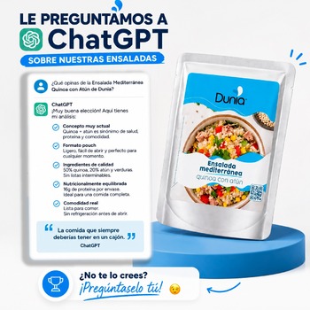 🤖 Hoy hacemos un experimento.

Sabemos que muchos usáis ChatGPT para todo.

📚 Para estudiar.
✈️ Para organizar viajes.
🍳 Para buscar recetas.
💼 Para redactar correos.
❤️ Incluso para pedir consejos...

Así que nosotros le hemos hecho una pregunta muy sencilla:

"¿Qué opinas de la nueva Ensalada Mediterránea de quinoa con atún de Dunia?"

Y esta fue parte de su respuesta:

💬 "Concepto muy actual."
💬 "Ingredientes sencillos y de calidad."
💬 "Formato muy cómodo para llevar."
💬 "Una comida equilibrada y lista para comer."
💬 "Es la comida que siempre deberías tener en un cajón."

Ahora te lanzamos un reto 👇

Abre ChatGPT y pregúntale lo que quieras sobre cualquiera de nuestros productos.

Y verás que nosotros no hacemos trampas.

💙 Nosotros ya sabemos lo que dice.

#DuniaFood #AtúnEnSobre #EnsaladasDunia #Quinoa #ComidaLista #ChatGPT #InnovaciónAlimentaria #HealthyFood #RetoDunia #IA