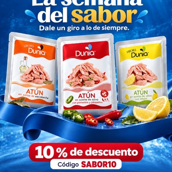 Tu arroz blanco siempre pidiendo algo más y tú echándole atún sin gracia.

Lo vamos a solucionar. Semana del sabor: del 7 al 13 de octubre, un 10 % de descuento en productos seleccionados de Sabores Dunia con el código SABOR10.

Escabeche, pimientos y jalapeños o limón. Tres maneras de cambiarle el plan a lo de siempre.

Elige tu favorito en atunensobre.es.